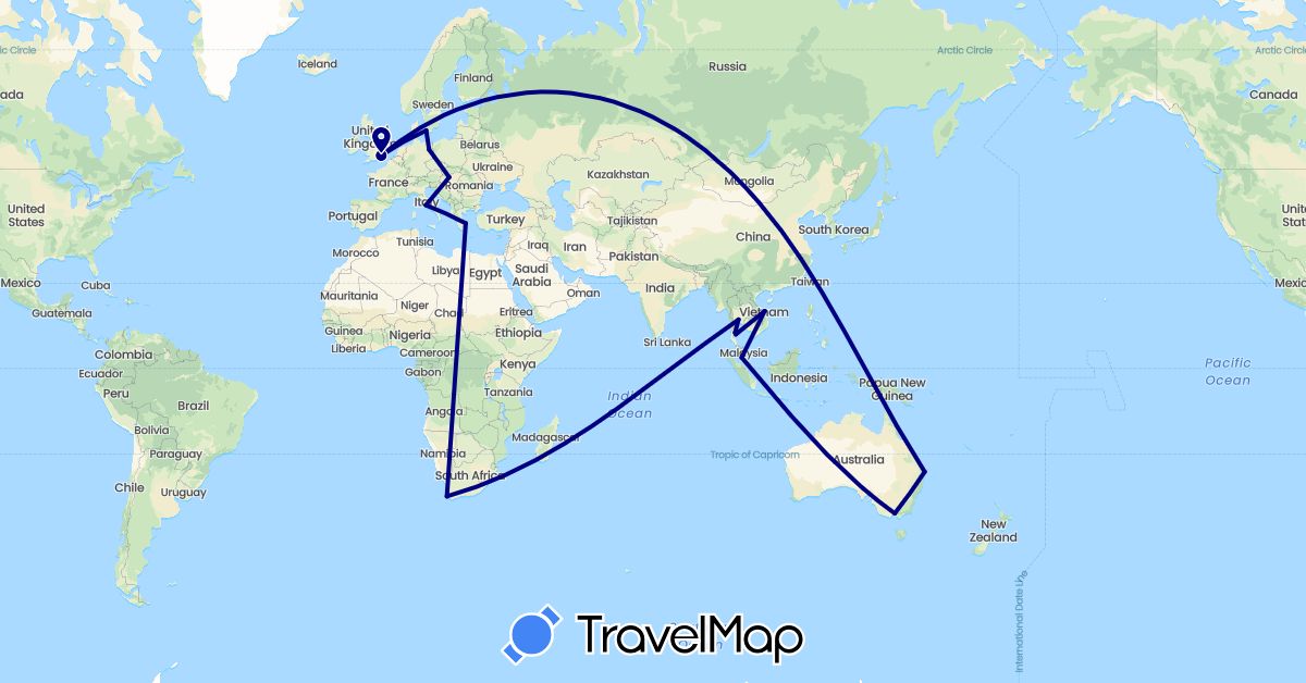 TravelMap itinerary: driving in Australia, Germany, Denmark, United Kingdom, Greece, Hungary, Italy, Malaysia, Thailand, Vietnam, South Africa (Africa, Asia, Europe, Oceania)